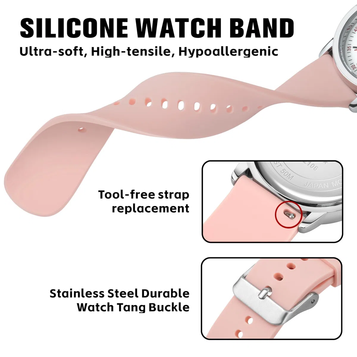 PINDOWS Orologi da polso analogici al quarzo da donna con cinturino in silicone per ragazze, signore, studentesse, facili da leggere, impermeabili.
