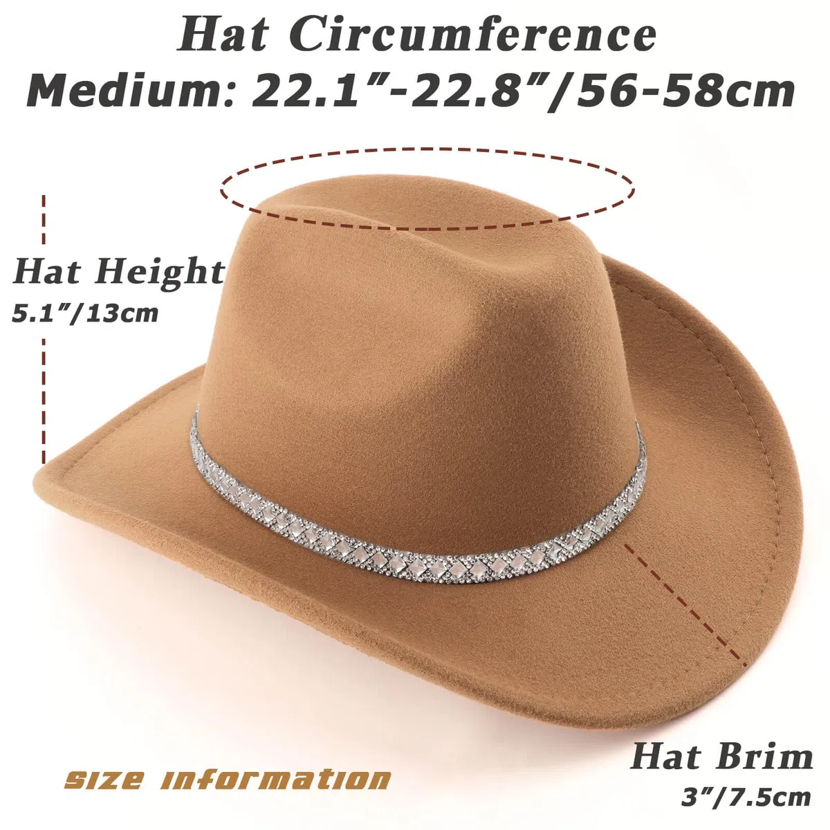 DRESHOW Cappello da Cowboy Donna e Uomo Cappelli Western da Cowboy e Cowgirl a Tesa Larga con Scintillante Strass Cappelli Fedora in Feltro Arrotolati Unisex