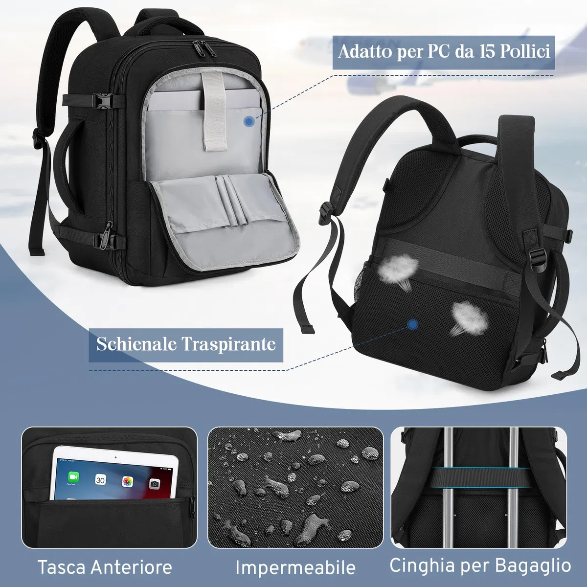 VSNOON Zaino da Viaggio, Estendibile Zaino Ryanair 40x30x20 24L a 30L con Tasca Umida, Impermeabile Bagaglio a Mano 40x30x20, Zaino Ryanair per PC Portatile 15" per ITA Airways Ryanair & EasyJet, Nero