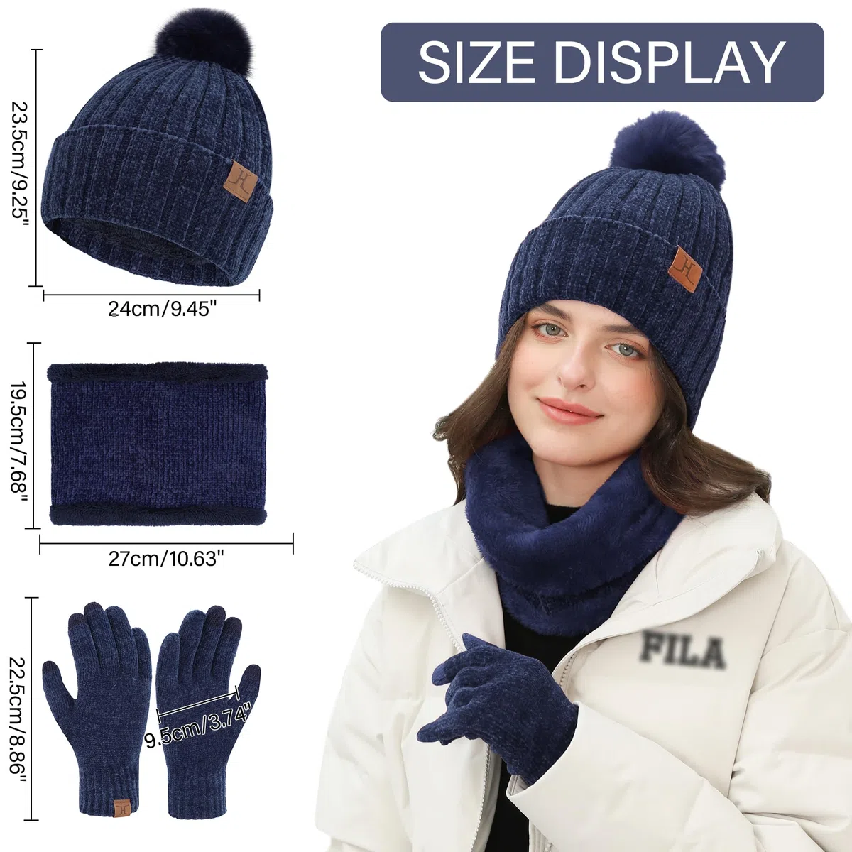 ZASFOU Donna Inverno Berretto Cappelli Sciarpa Touchscreen Guanti Set Maglia ciniglia Teschio Berretto Caldo Pile Foderato