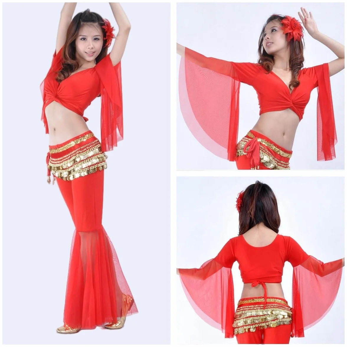 Top corto da danza con maniche svasate da donna, top avvolgente classica scollo V maniche 3/4 in tulle, camicia lacci per danza del ventre tribale, camicetta con nappe for annodare per abbigliamento