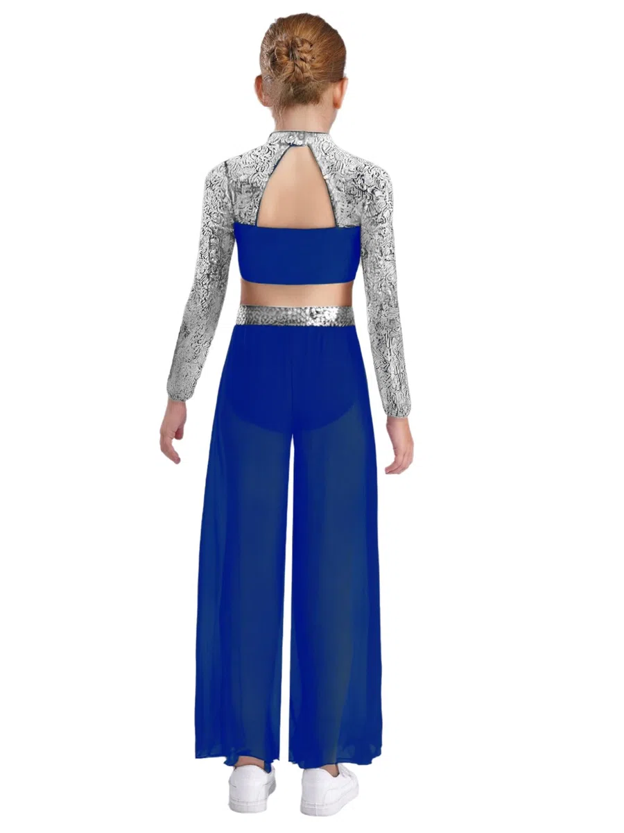 MSemis Tuta da Ballo Lirico Contemporaneo Bambina Completo da Ballo Latino Americano Tango Crop Top da Ginnastica Artistica Manica Lunga + Pantaloni Larghi Dancewear