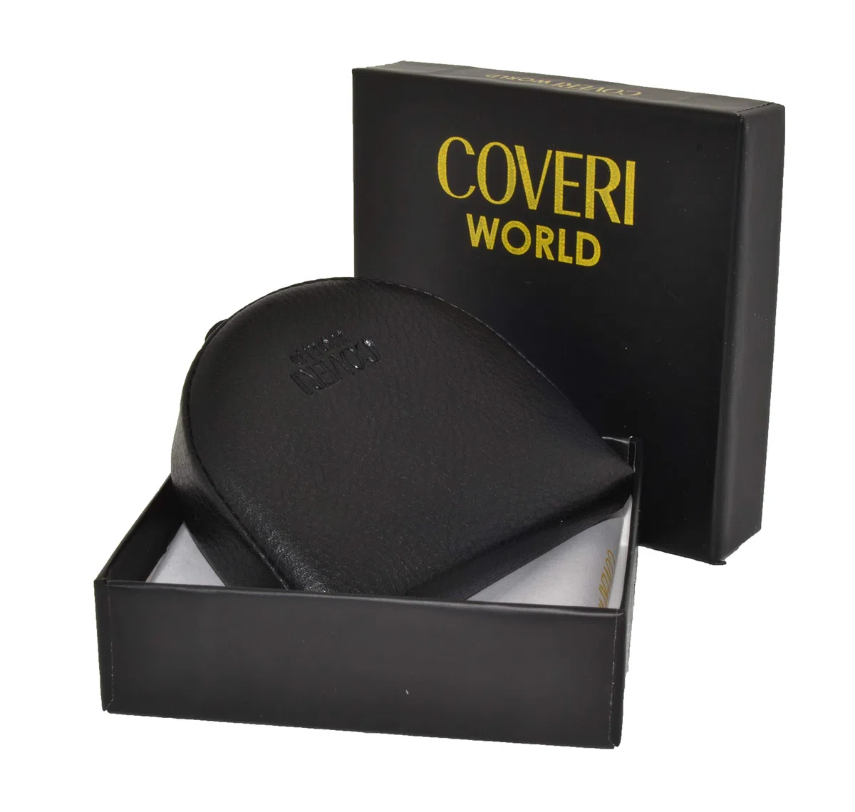 COVERI WORLD Portamonete Uomo in Vera Pelle Nera, Tacco Porta Euro con 2 Tasche, Chiusura a Incastro, Compatto