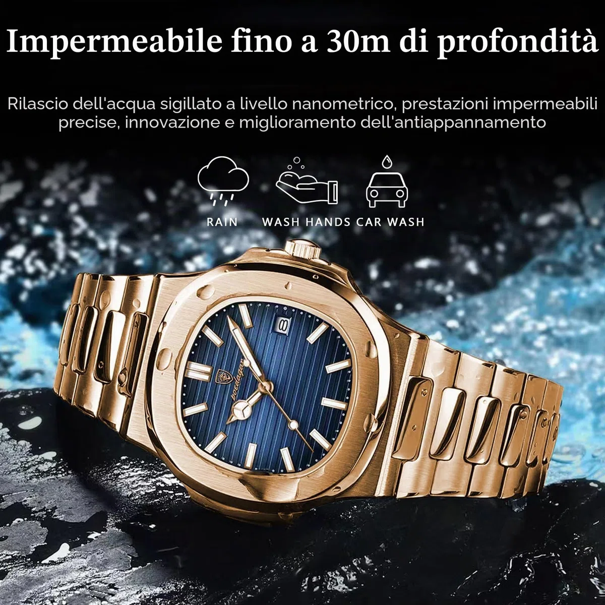 Poedagar Orologio da polso da uomo alla moda, cinturino in acciaio inox, al quarzo, impermeabile, luminoso, con data, quadrato, da uomo