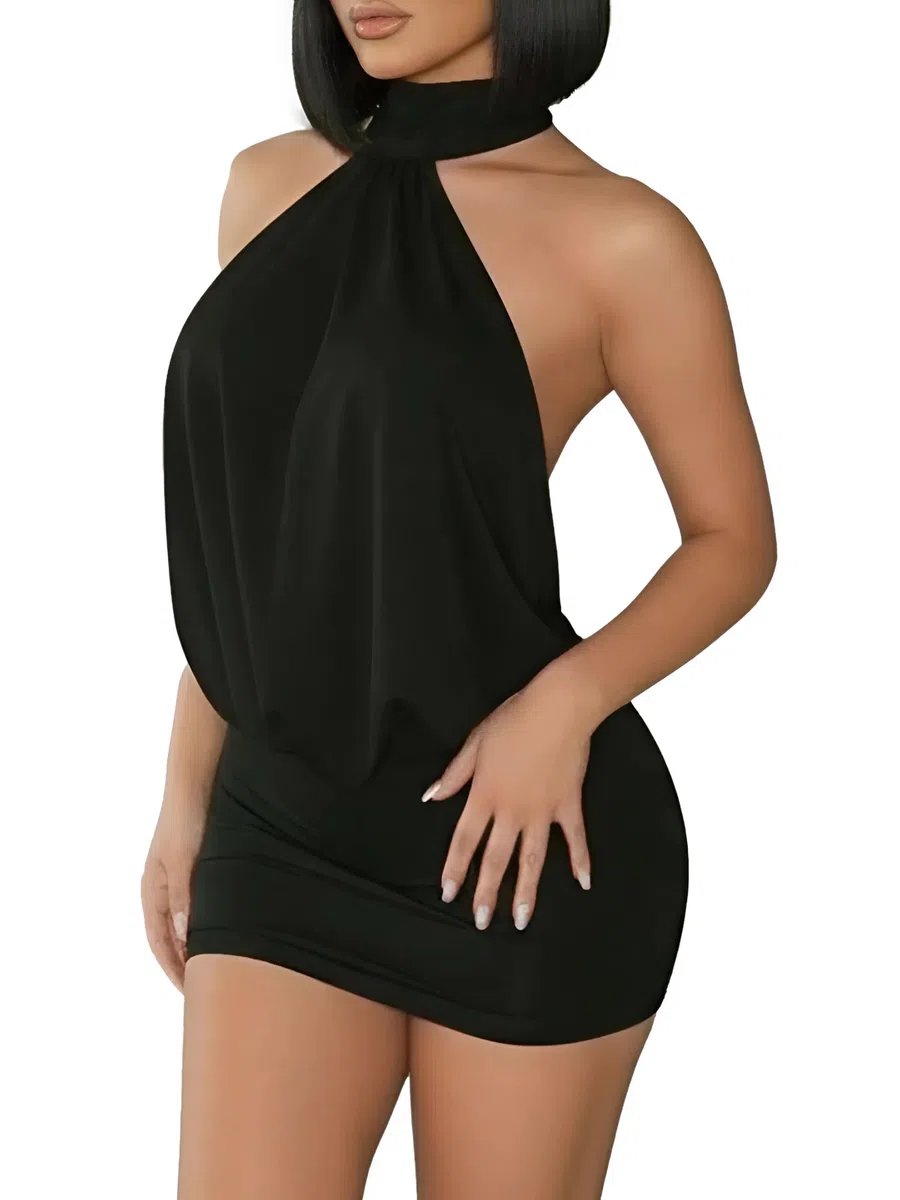 Vestito Donna Corto Sexy Estivo Mini Abito Nero Elegante con Schiena Scoperta e Collo Alto Miniabito da Sera Festa e Discoteca AM234