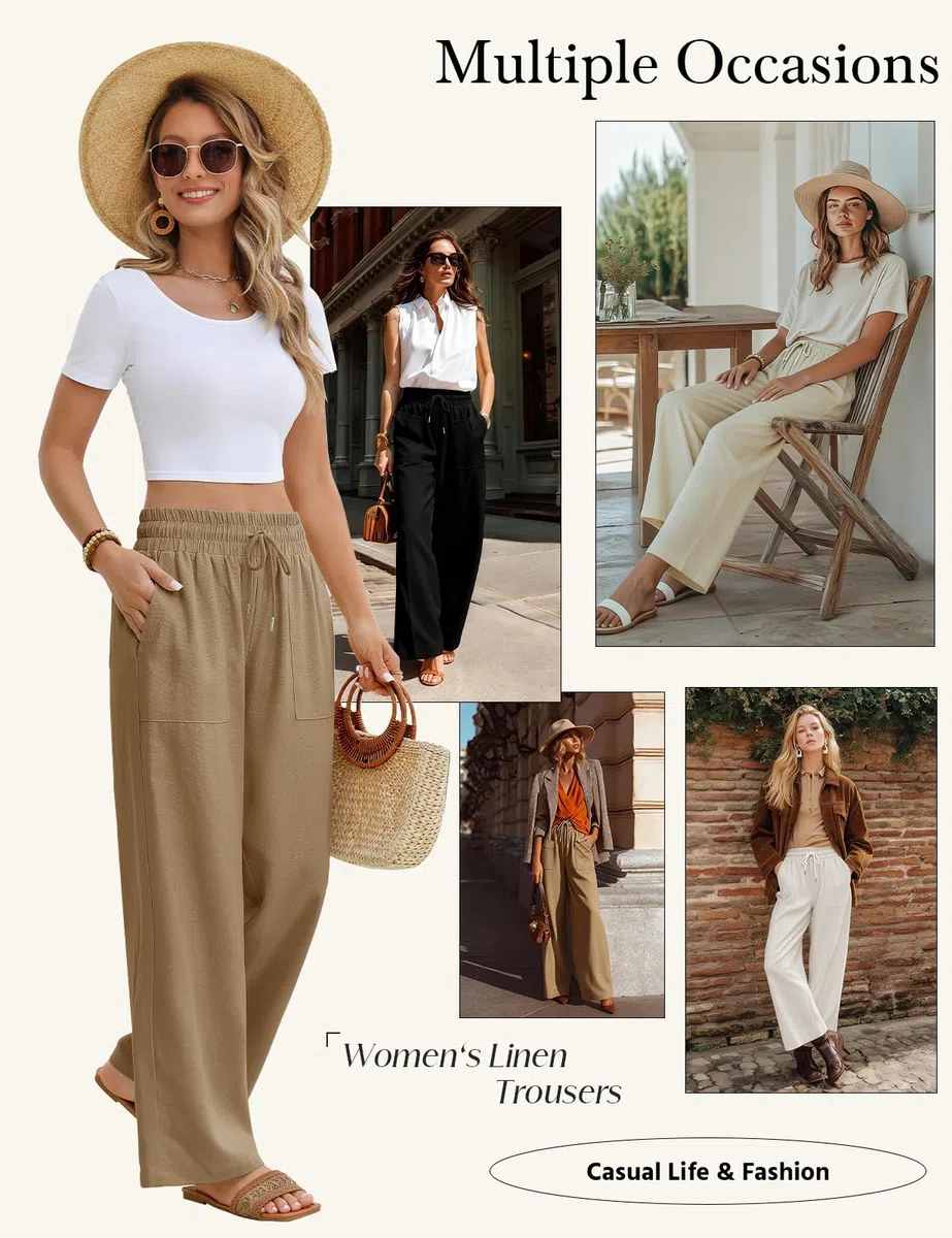 Pantaloni Donna Estivi Lino Pantaloni Leggeri Larghi Elastico Vita Alta Lunghi Gamba Dritta Eleganti Pantaloni Palazzo da Spiaggia Jogging Solido Sciolto Casual Comodi con Tasche