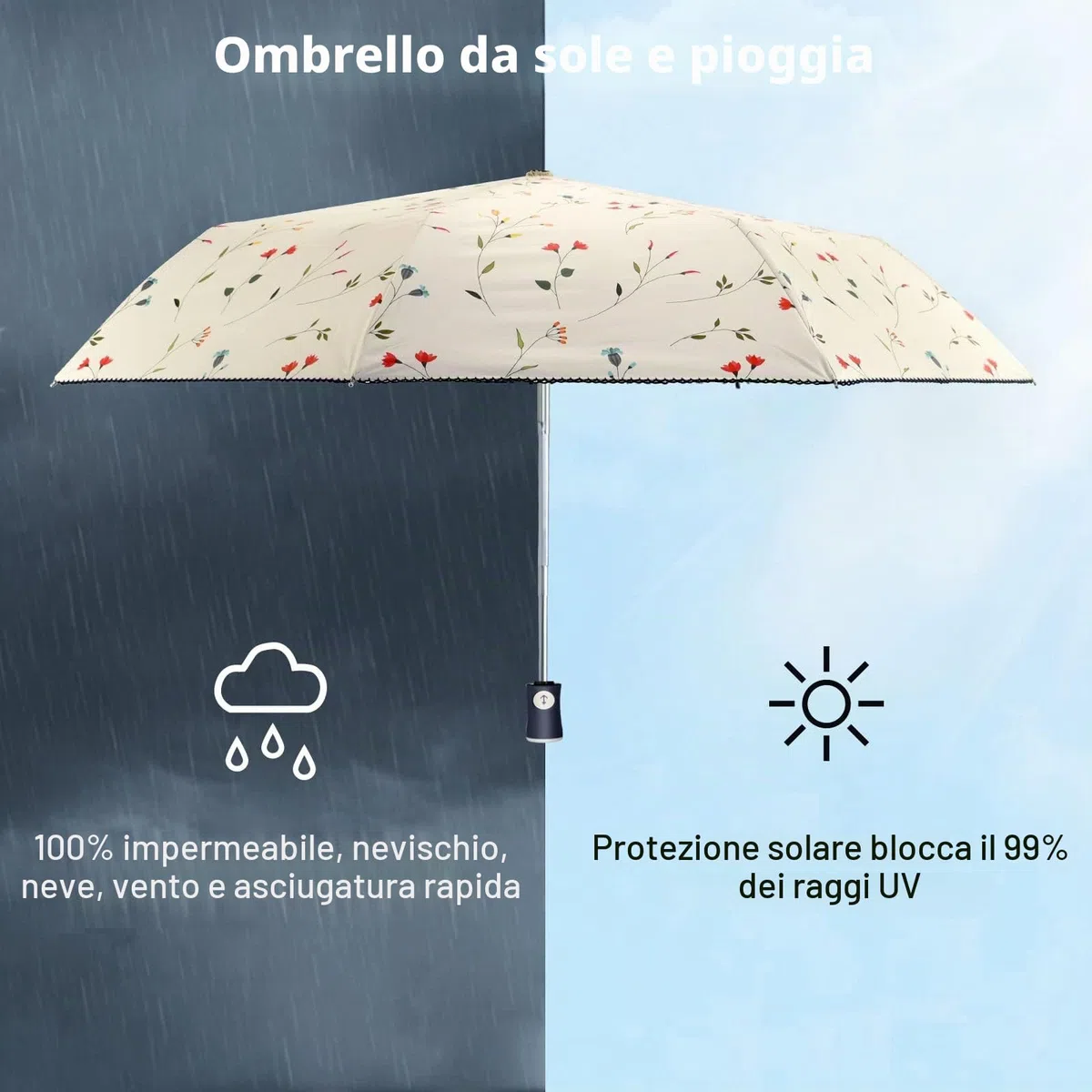 CUBY Ombrello da sole, compatto, pieghevole, da viaggio, con apertura e chiusura automatica, antivento, antipioggia, con protezione UV al 99,9% e rivestimento nero anti-UV