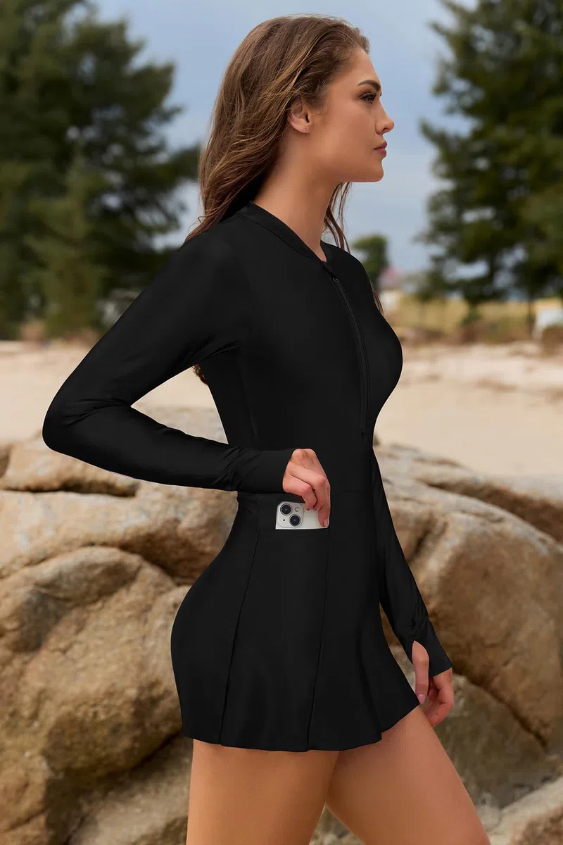 SHEKINI Donne Costumi Da Bagno Manica Lunga Mezza Cerniera Rash Guard Costume da bagno Borse
