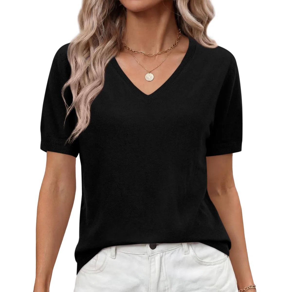 Elesomo Maglione estivo da donna a maniche corte con scollo a V