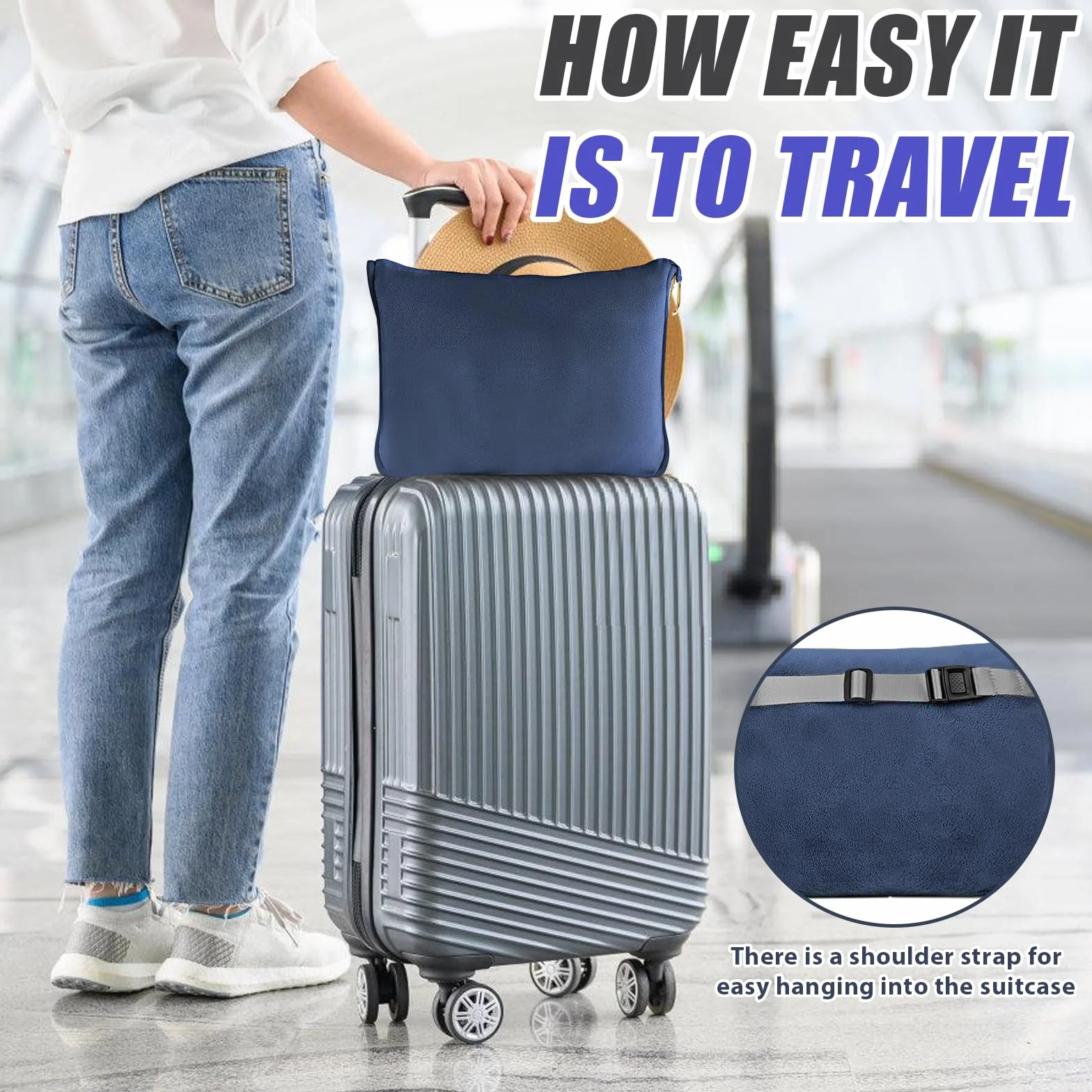 Coperta da Viaggio per Aereo, Cuscino Trasformabile 2 in 1, Coperta Portatile per Aereo con Fissaggio per Valigia, per Ufficio, Viaggi d'Affari, Viaggi, Ultraleggera e Calda - Blu Marina - 152