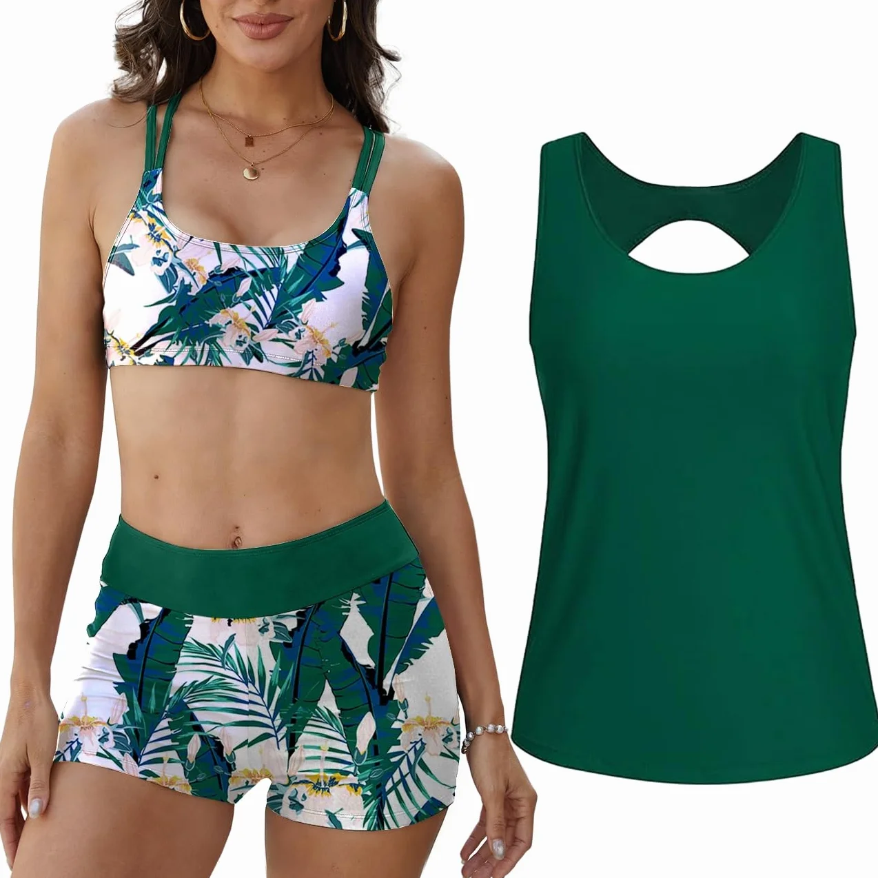 Yutdeng Tankini da Donna in 3 Pezzi Canotte Top e Bikini Push Up e Pantaloncini da Bagno a Vita Alta Costume da Bagno Sportivo Tankini Coprente Contenitivo per Mare Piscina Spiaggia