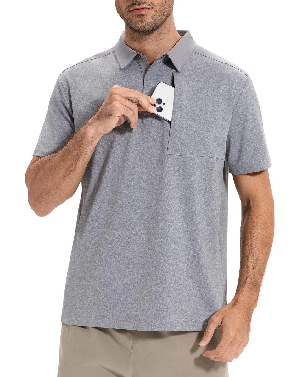 AMZSPORT Polo Uomo Manica Corta Sportiva Golf Tennis Zip Pocket Sport T-Shirt Asciugatura Rapida Traspirante per L'Ufficio con Colletto e Bottoni