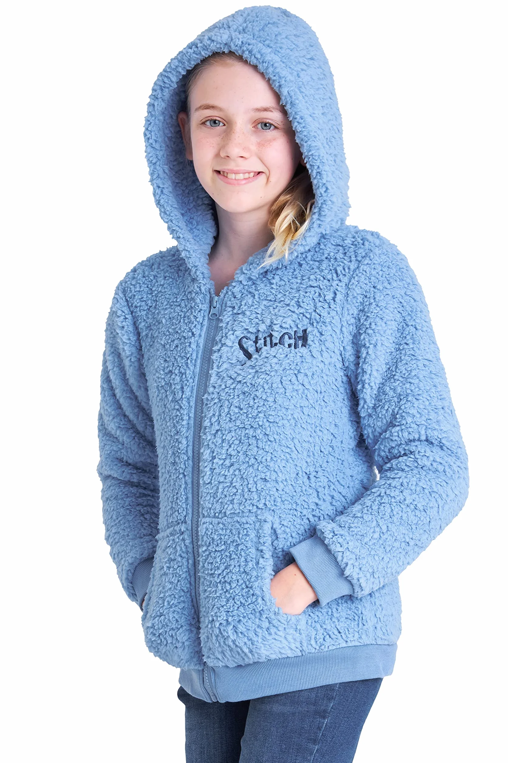Disney Stitch Sherpa Hoodie for Girls, Zip Up Fleece Fluffy Hoodie for Kids Teens