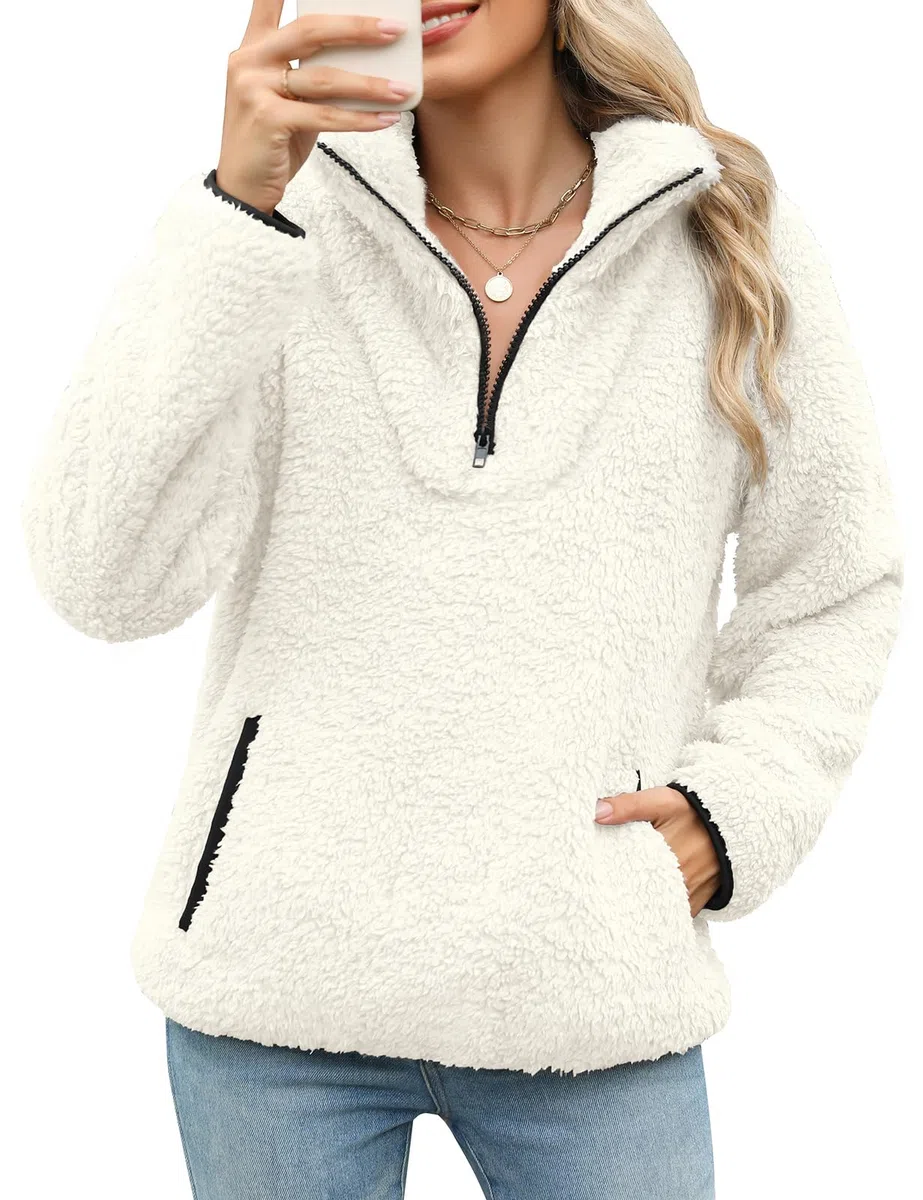 Tuopuda Donna Felpe Senza Cappuccio Pullover Pile Tops Termico Manica Lunga Felpe con Zip Tasche Maglione Caldo Autunno Invernali Sweatshirt Eleganti Hoodie Fleece Jumper Maglietta