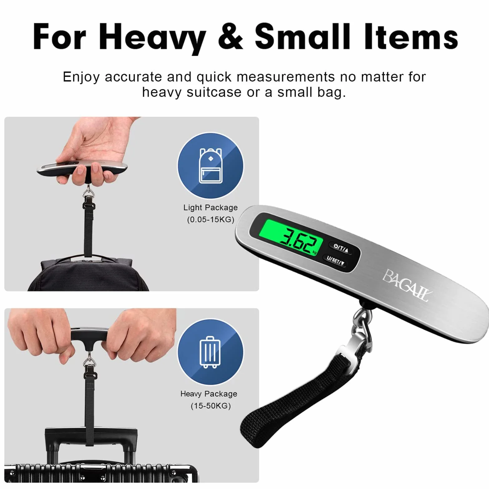 BAGAIL Bilancia per bagagli digitale, Pesavaligie Sospesa con Display LCD Retroilluminato, Bilancia da Viaggio, Bilancia per Valigie Portatile con Gancio, Capacità 110 libbre/50 kg, Batteria Inclusa