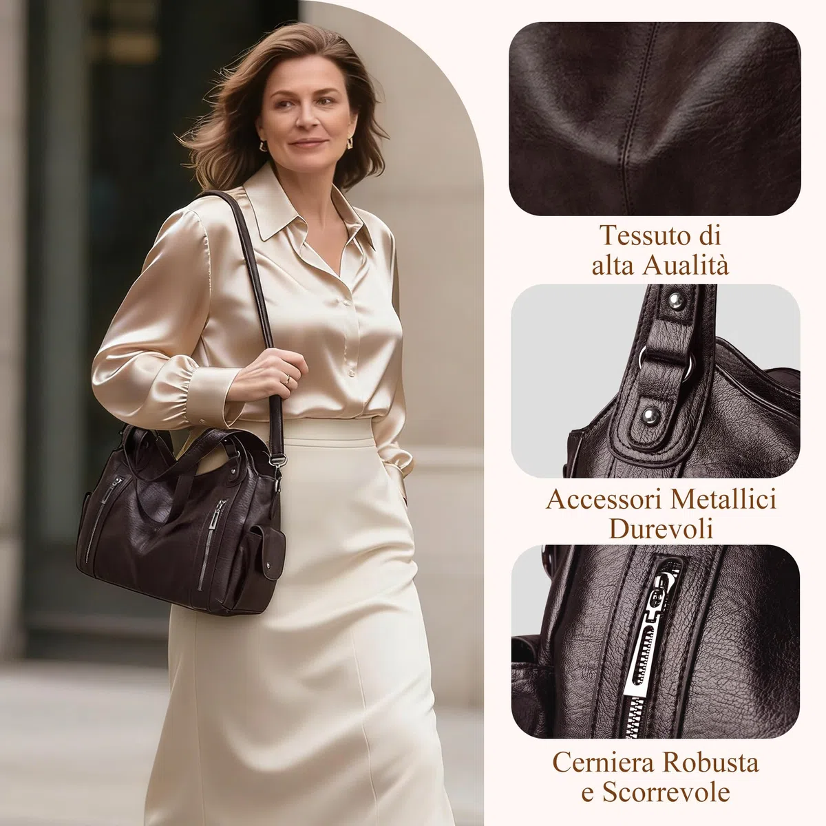 Borsa Donna PU Elegante e Versatile, Capiente per Ufficio, Studio, Viaggi e Vita Quotidiana, Vintage Chic con Tracolla Regolabile