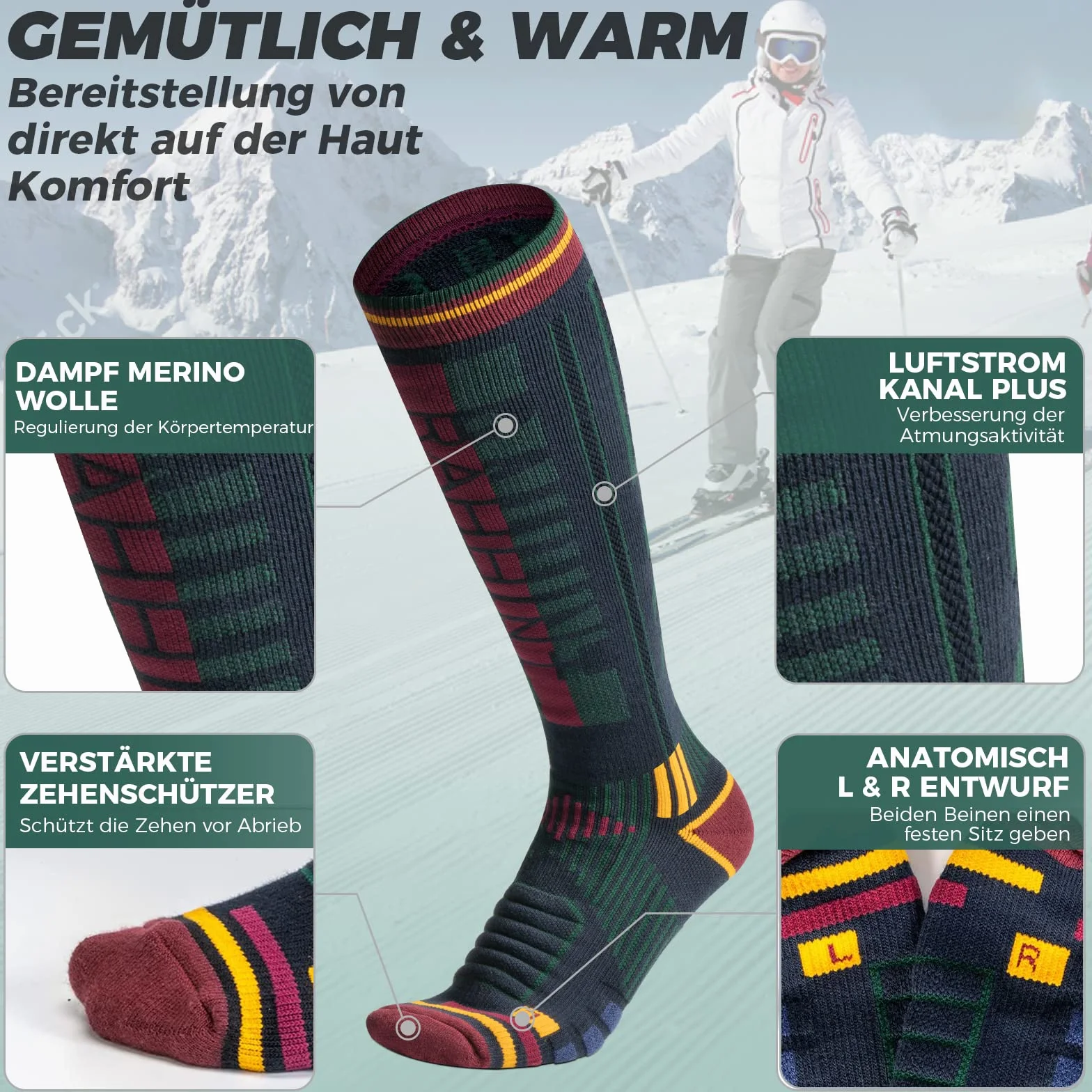 Calze Sci Calzini Termiche in Lana Merino Calze Invernali Lunghe Pesanti Calze Da Sci Snowboard a Compressione, Traspiranti, Ad Asciugatura Rapida, Per Uomo, Donna 2 Paia Taglia 35-51