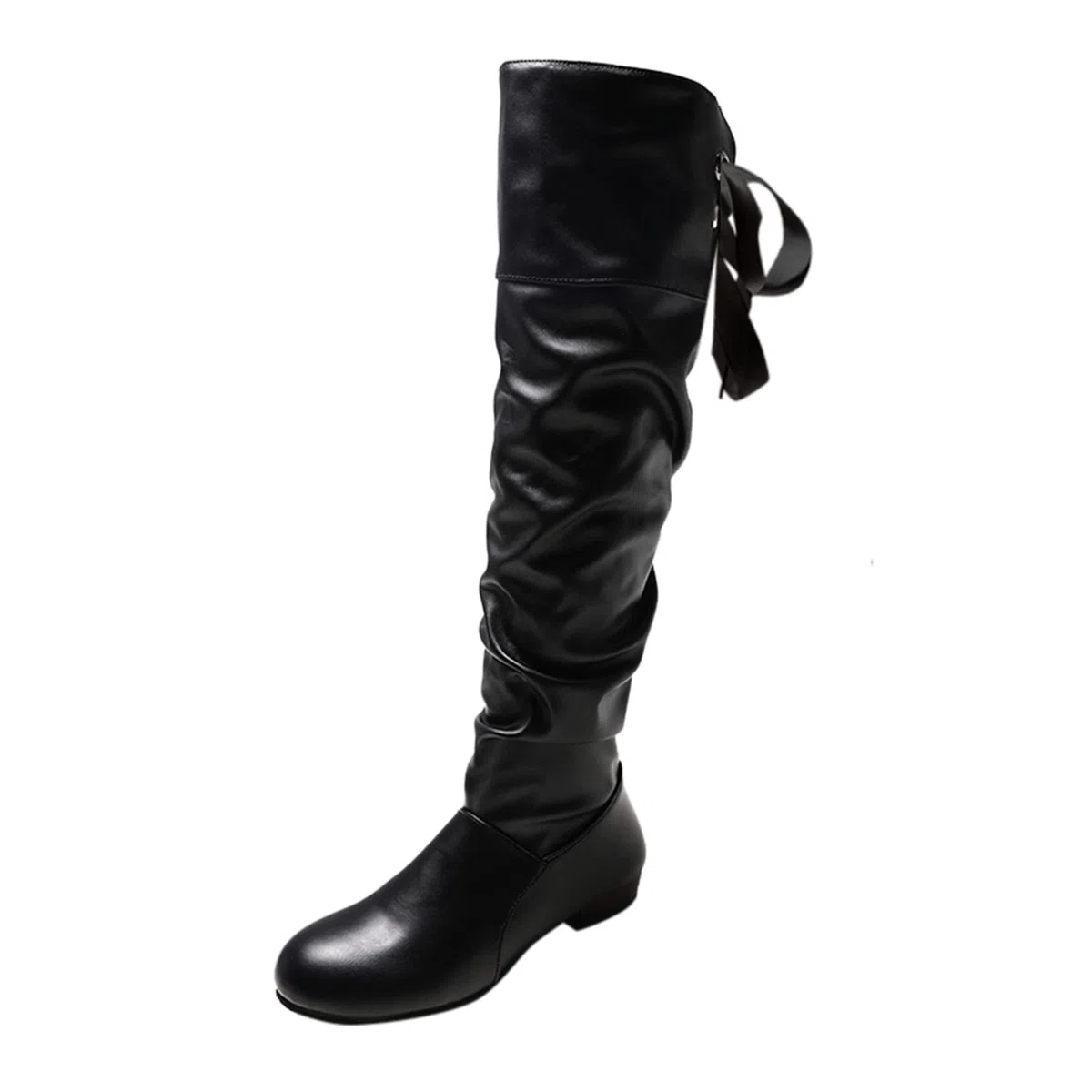 Stivali al ginocchio da donna, in pelle, con lacci, piatti, antiscivolo, con fiocco posteriore, stivali casual alla moda da donna, comodi stivali invernali, stivali termici