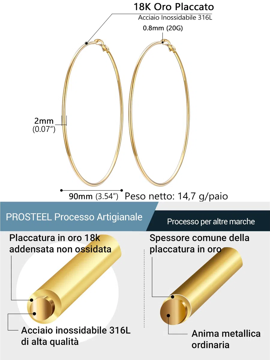 Prosteel Orecchini Cerchio Argento Donna Oro Placcato 14K Ipoallergenico 20/30/50/60/70/80/90/100mm Vintage Y2K Minimalismo Impermeabile