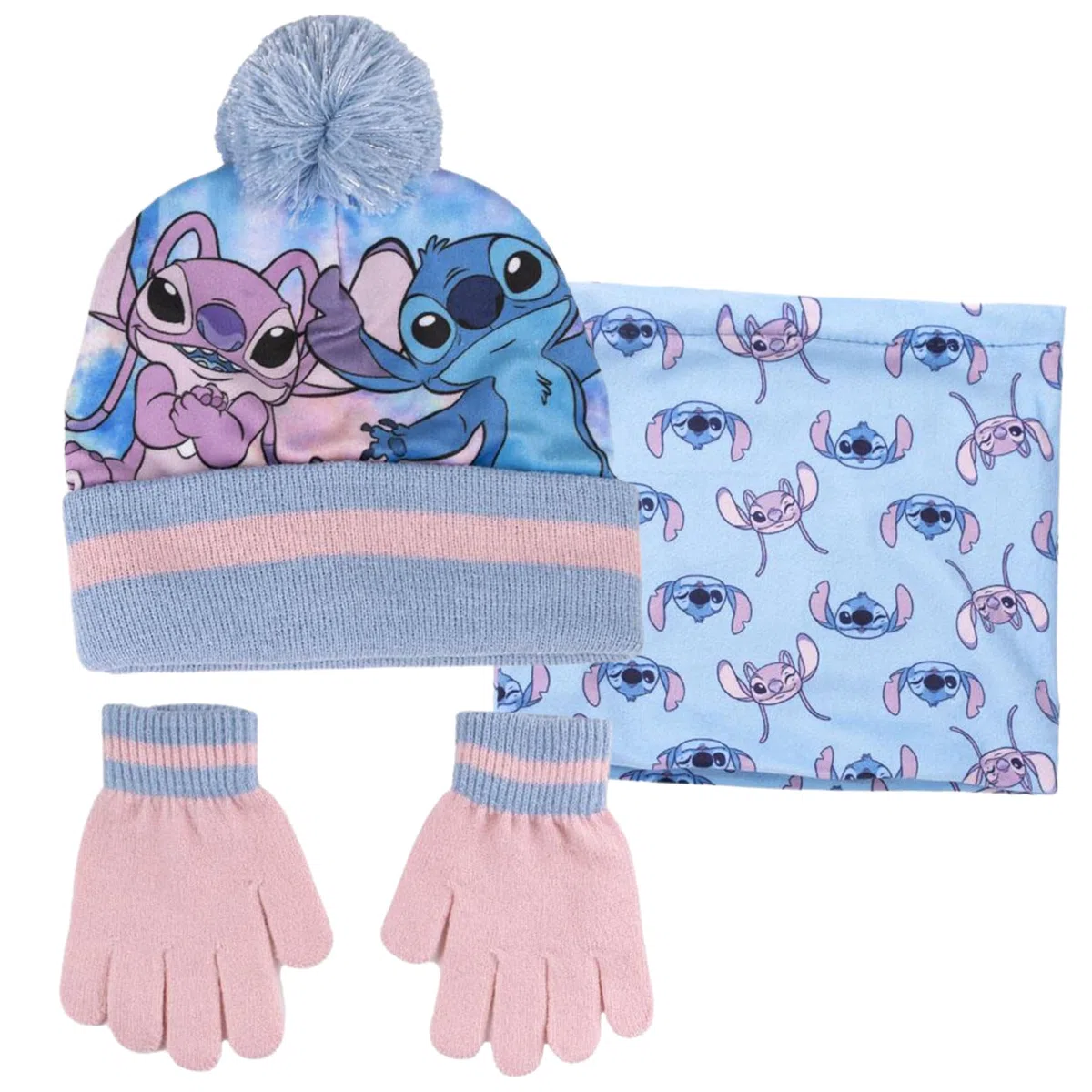 Disney Stitch & Angel Bobble Hat + Snood Sciarpa + Guanti Set Ragazze 3 Pezzi Inverno Set Regalo