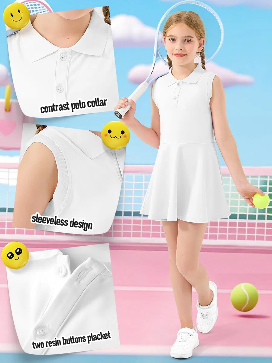 Vestito da Tennis per Bambina con Pantaloncini Abito Ragazze Sportivo Senza Maniche Polo Golf Dress con 2 Tasche 5-15 Anni