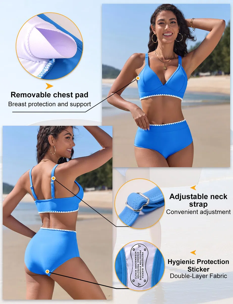 Costume Donna Due Pezzi Vita Alta Costumi da Bagno Push Up Sexy Bikini Mare Imbottito Reggiseno con Pizzo Bianco
