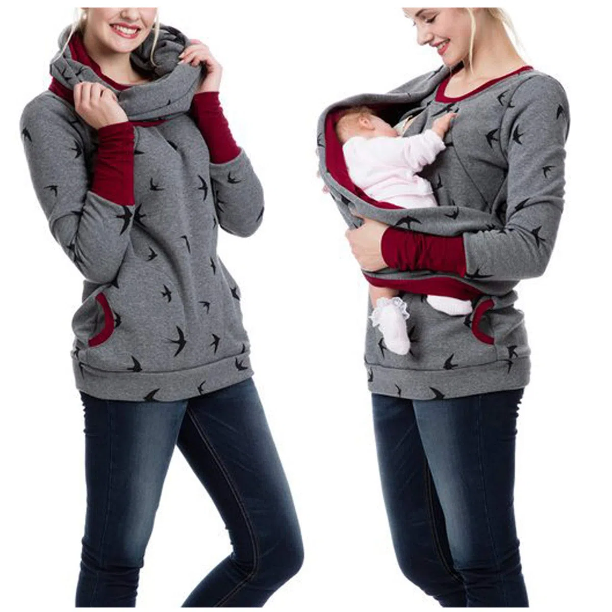 MaNMaNing Felpa con Cappuccio Top Sweatershirt Infermieristica maternità Maglione Incinta Allattamento al Seno Camicetta per maternità (Wine, L)