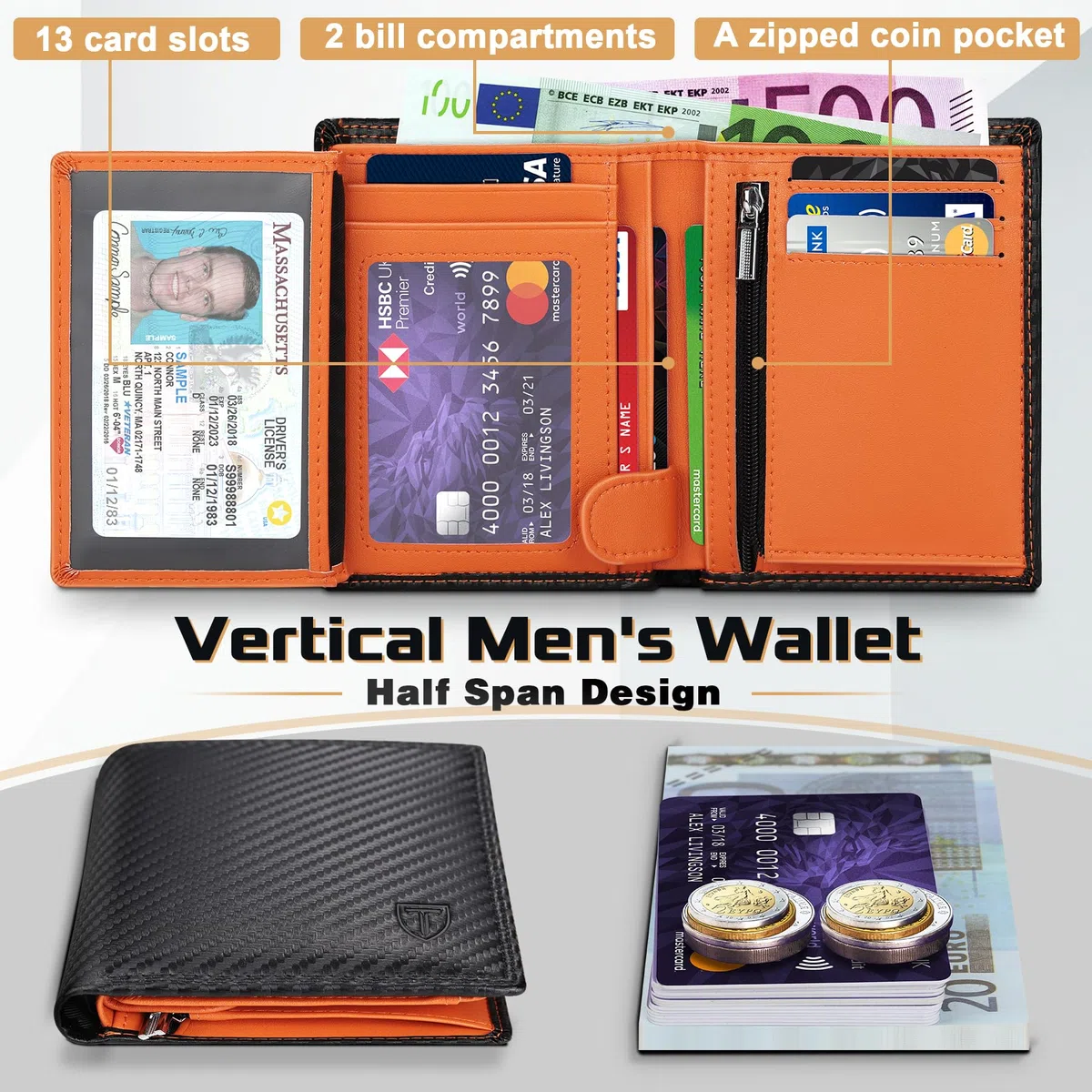 TEEHON Classico Portafoglio Uomo in Vera Pelle Portamonete con Blocco RFID/NFC 13 Porta Carta Credito, 2 Scomparto per banconote, Tasca per Monete con Scatola Regalo- Nero