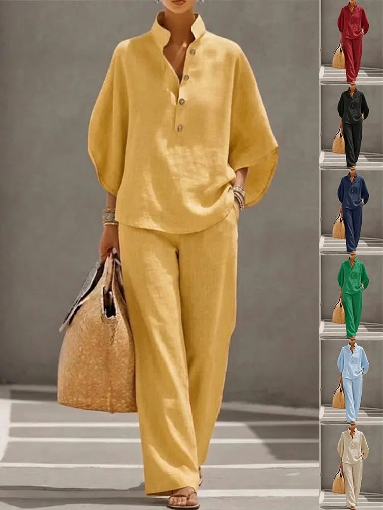 shownicer Completo Donna Lino Tuta Elegante Estiva 2 Pezzi Set Maniche a Tre Quarti Top E Pantaloni Curvy Completo in Lino Due Pezzi Set Completi Tute