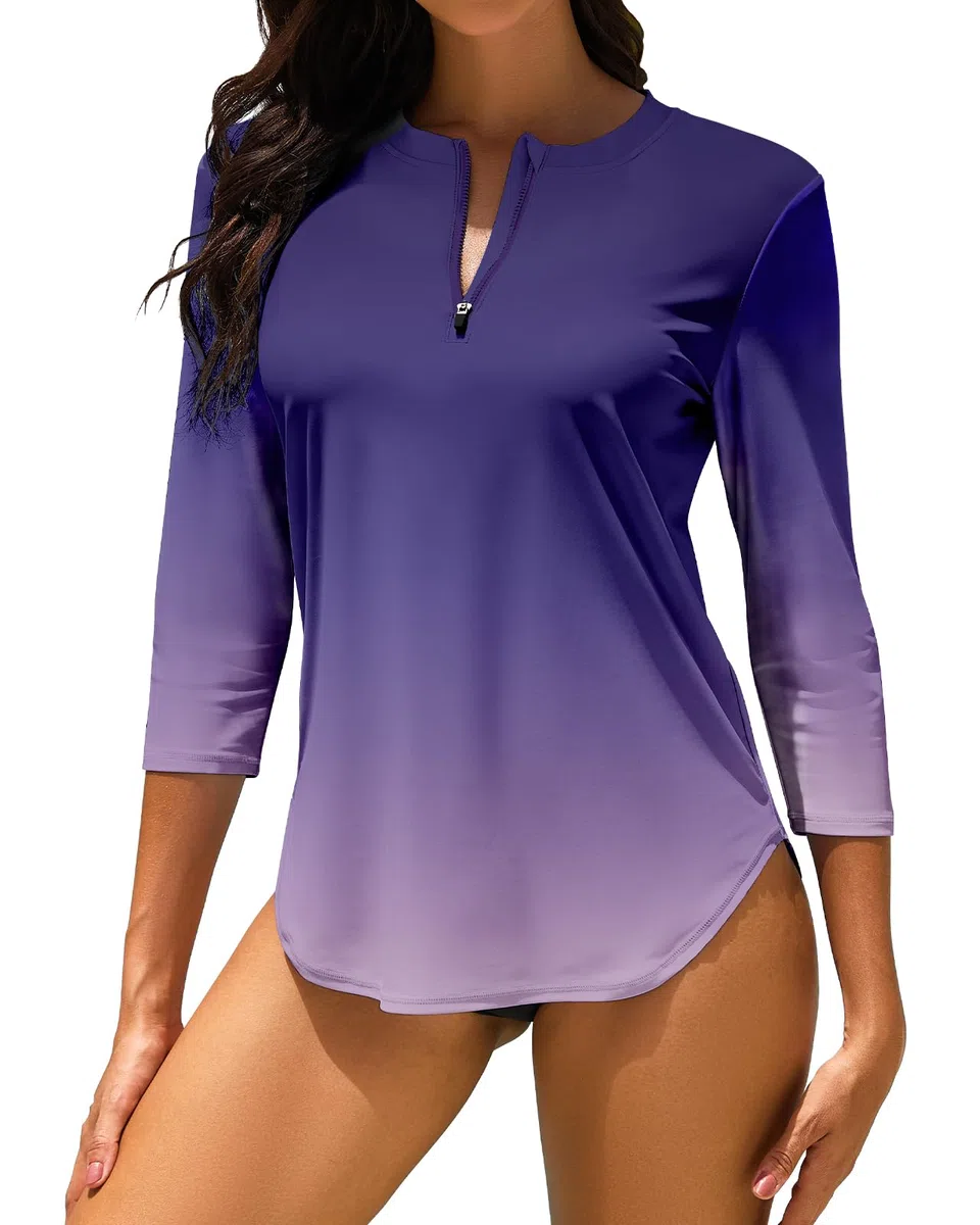 WOWENY Costume da Bagno Anti UV da Donna, con Protezione Rashguard, Maniche A 3/4 Cerniera A 1/4 Asciugatura Rapida, per Acqua, Surf, Spiaggia