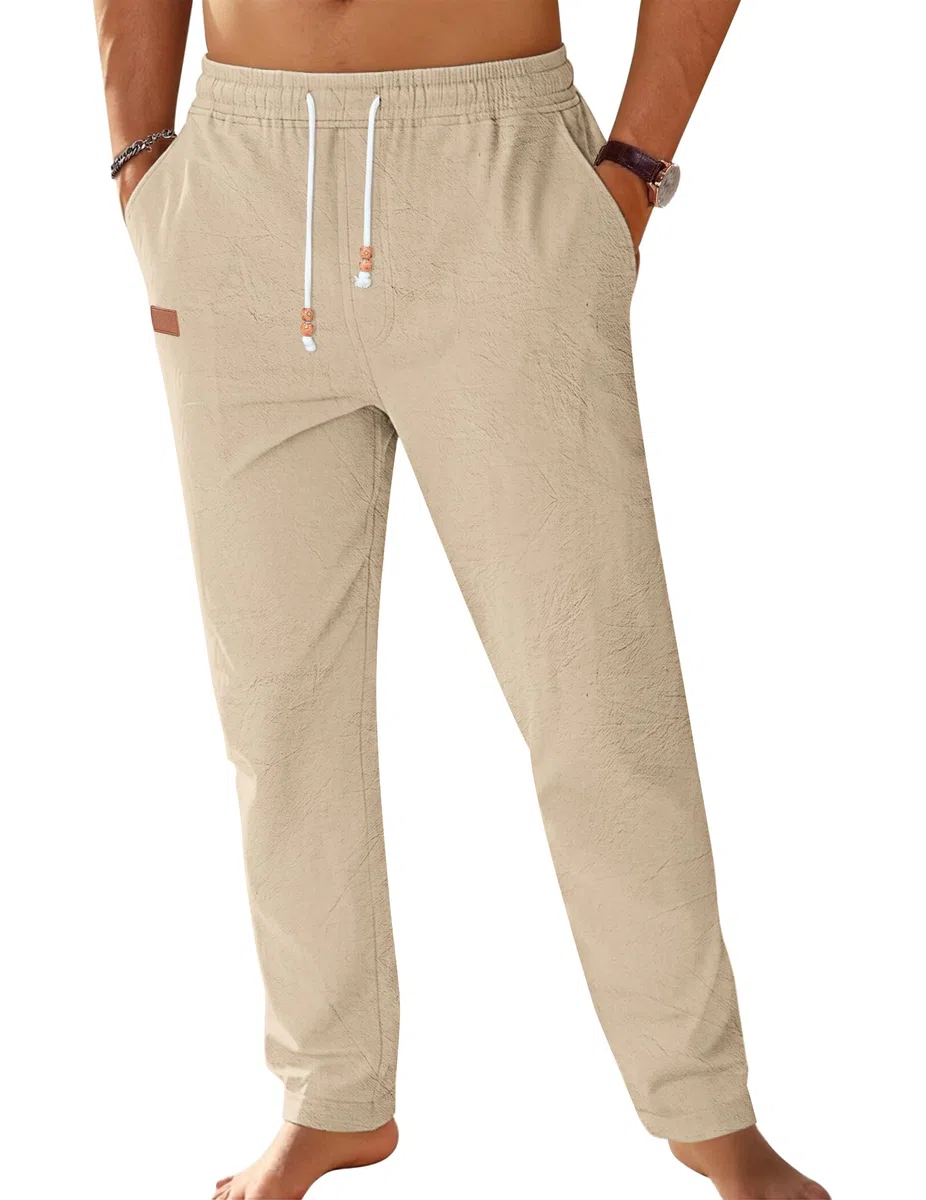 TARAINYA Pantaloni Cotone Lino Uomo Casual con Cordino in Vita e Tasche per L'Estate
