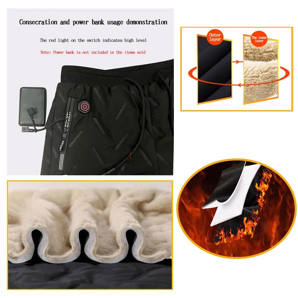 Pantaloni Riscaldati per Uomo Donna, Leggings Riscaldanti Elettrici USB Foderati in Pile, Pantaloni della Tuta Invernali All'aperto, 10 Zone di Riscaldamento (Size : L)