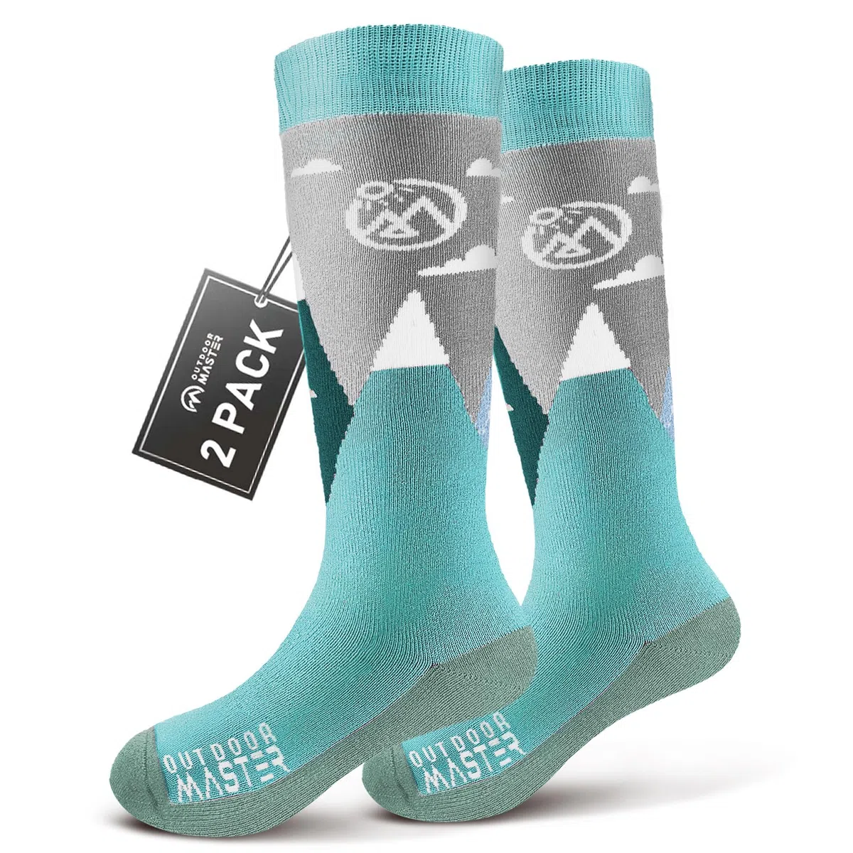 OutdoorMaster 2 Paia Lana Merino Calze da Sci per bambini, Calze Invernali da Snowboard Traspiranti per Ragazze/Ragazzi per Sport All'aria aperta con Sopra il Polpaccio Design/Polsini Antiscivolo