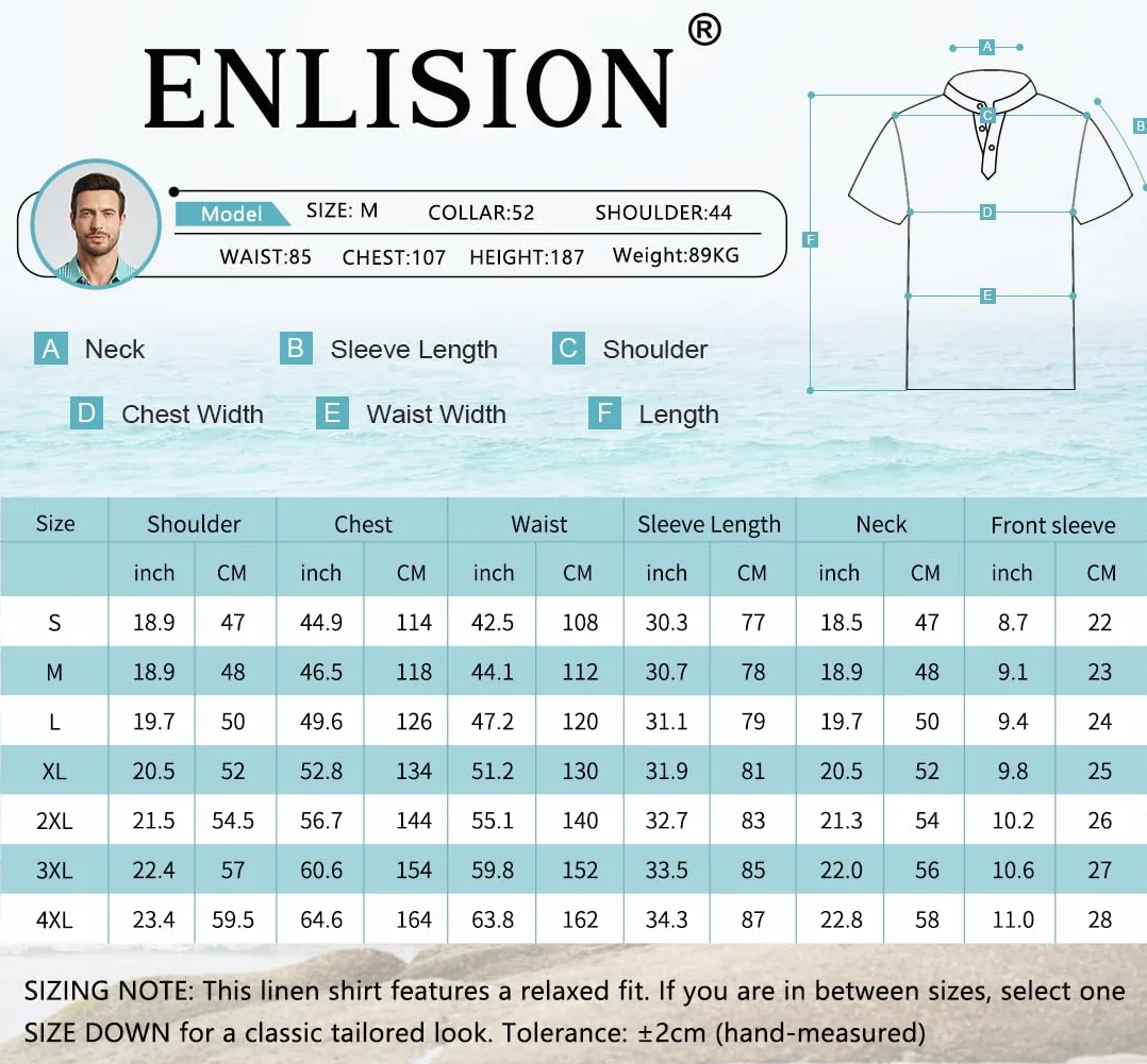 Enlision Camicia Uomo di Lino Cotone Maniche Corte Camicie Collo Coreana Casual Estiva Elegante Maglietta Serafino Tinta Unita vestibilità Ampia S-4XL