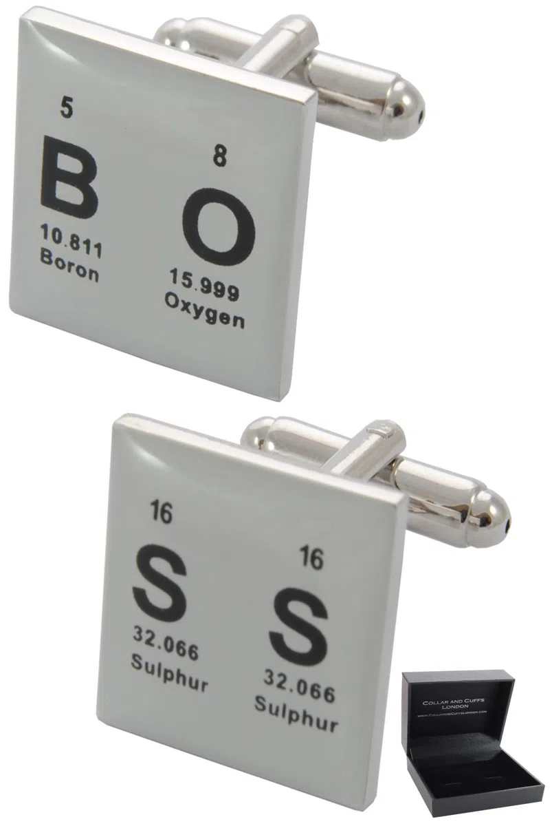 Gemelli Camicia Uomo Nero e Bianco - Con Scatola - Ottone - "BOSS" - Tavola Periodica - Quadrati Simboli Chimici Scienza - Un Paio