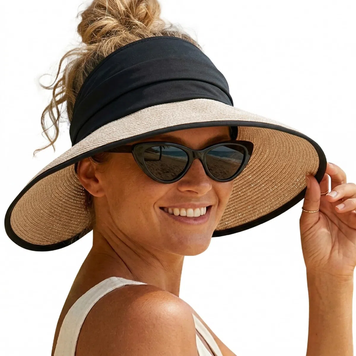 Creekstone Cappello da donna con visiera parasole, visiera in paglia da spiaggia, UPF 50+, ripiegabile, cappello da sole a coda di cavallo per viaggi estivi