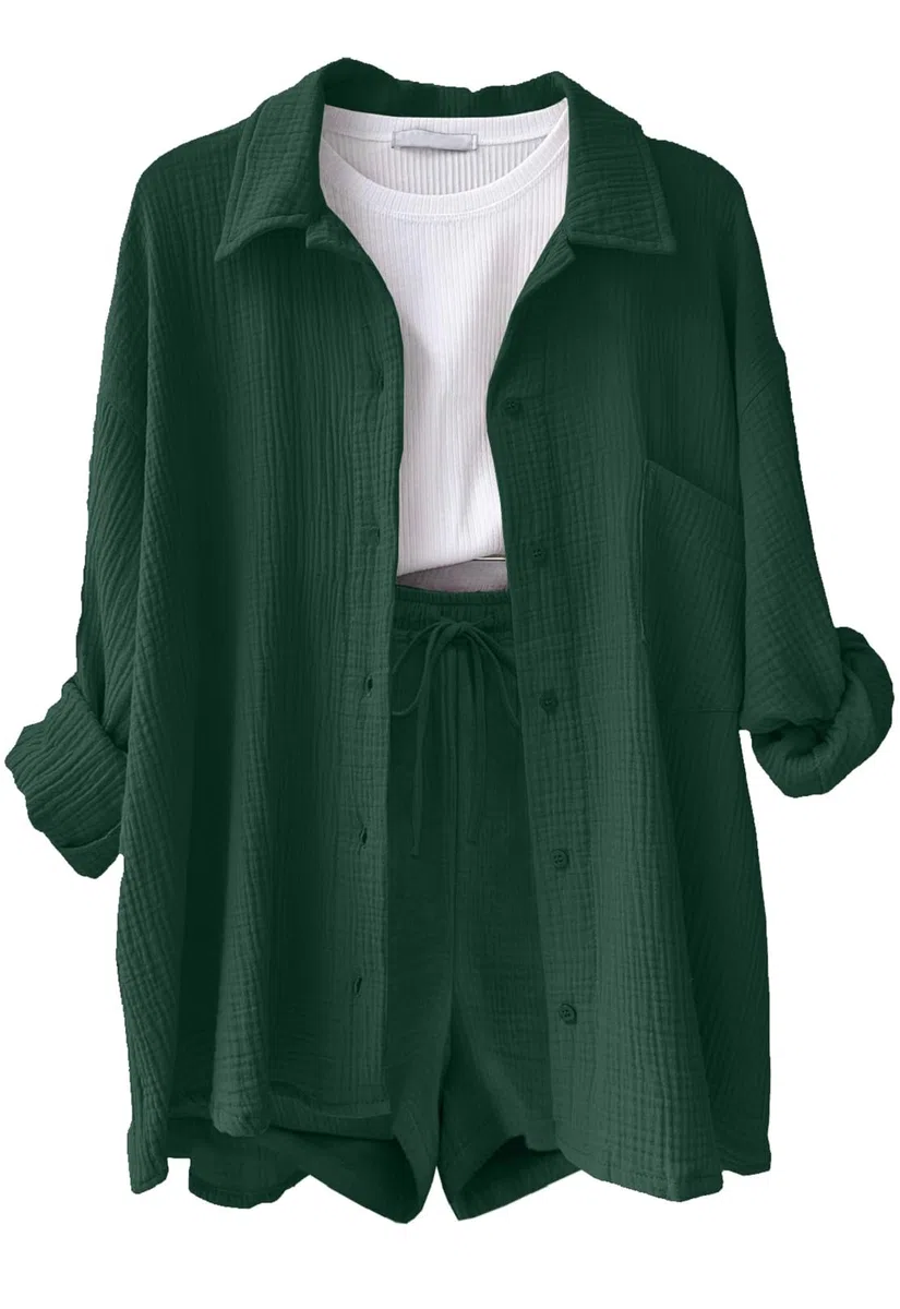 CheChury Completo Donna 2 Pezzi in Lino e Cotone Tuta da Donna Elegante Estivi Casual Tuta Estiva 2 Pezzi Set Camicia a Maniche Lunghe e Pantaloncini a Vita Alta con Coulisse Tasche Spiaggia Vacanza