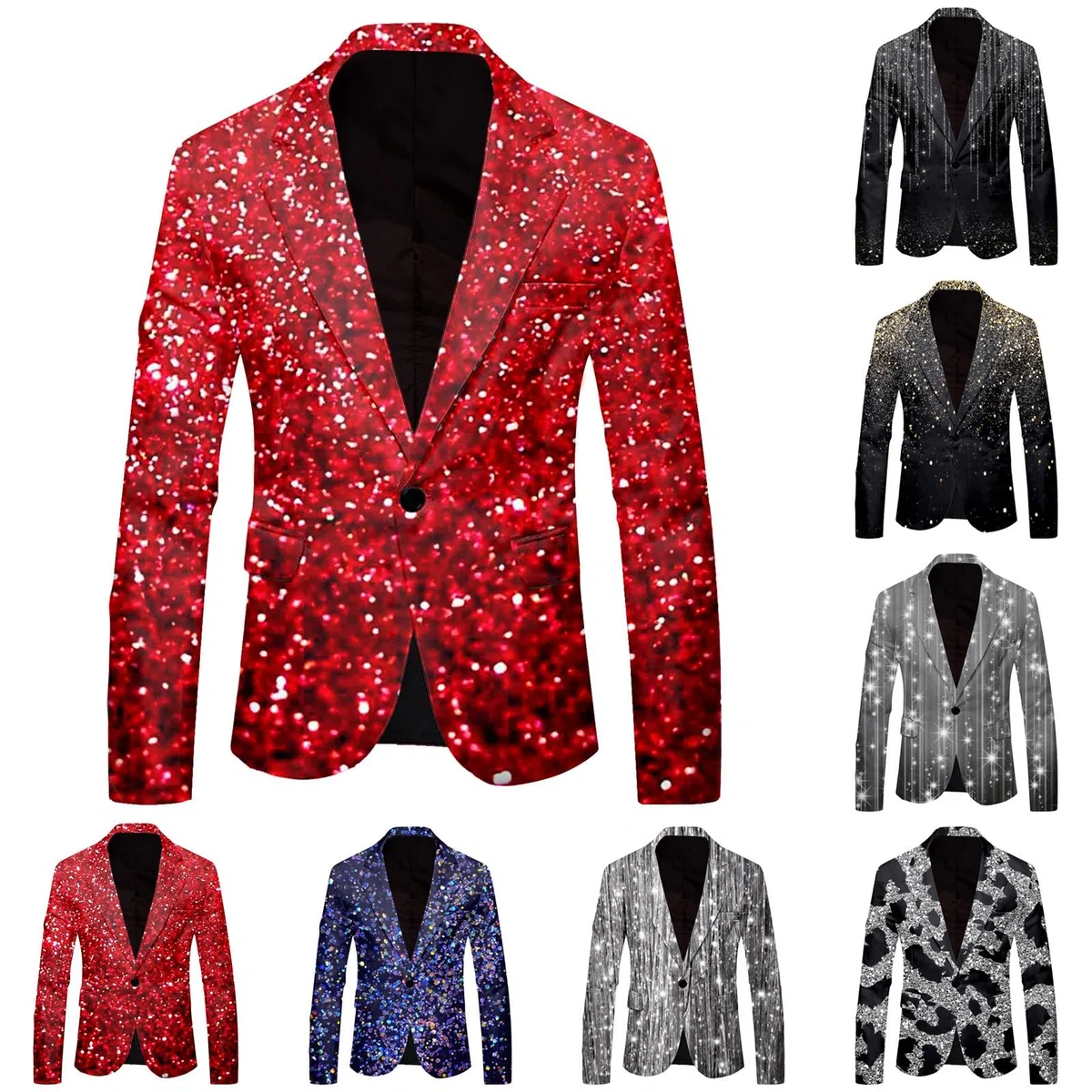 Giacca da festa da uomo, lucida, con paillette, stampa 3D, con brillantini, slim fit, un bottone, blazer anni '70, 80, discoteca, feste a tema, spettacolo