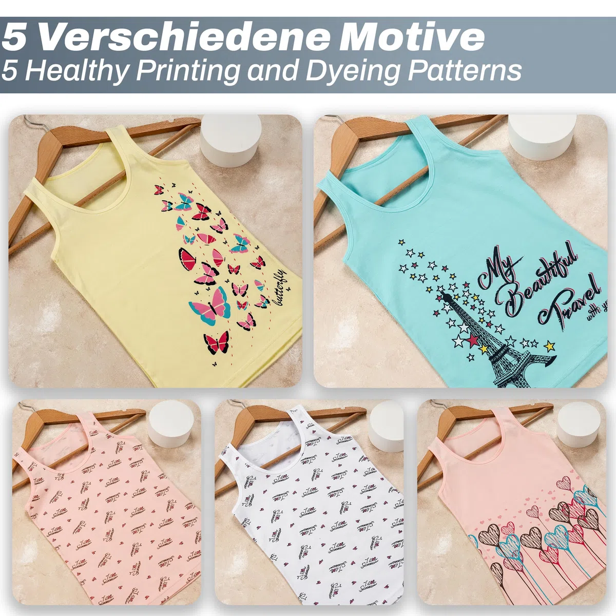 LOREZA ® 5 Cannottiera da Bambina in Cotone Canotta Intima Vari Disegni Intimo 2-15 Anni