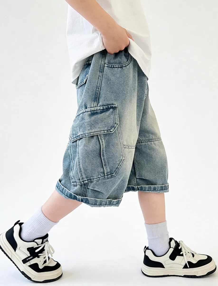 SEAUR Bermuda Baggy Bambino Pantaloncini Jeans Ragazzo Gamba Larga Jean Shorts a Vita Elasticizzata con Tasche Pantaloni Corti Estivi 5-15 Anni