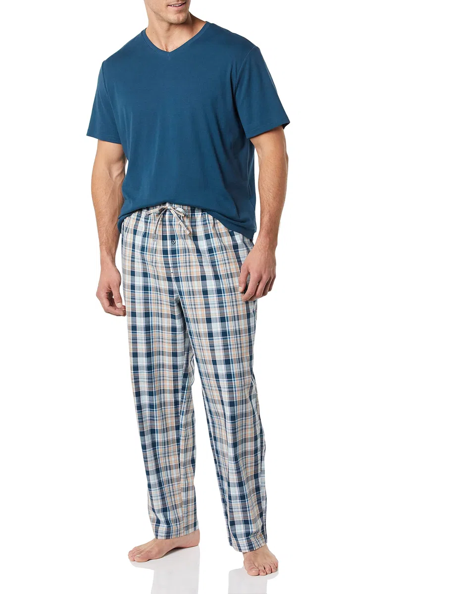 Amazon Essentials Set Pigiama con Pantaloni in Popeline di Cotone Elasticizzato e T-Shirt in Jersey di Cotone Uomo