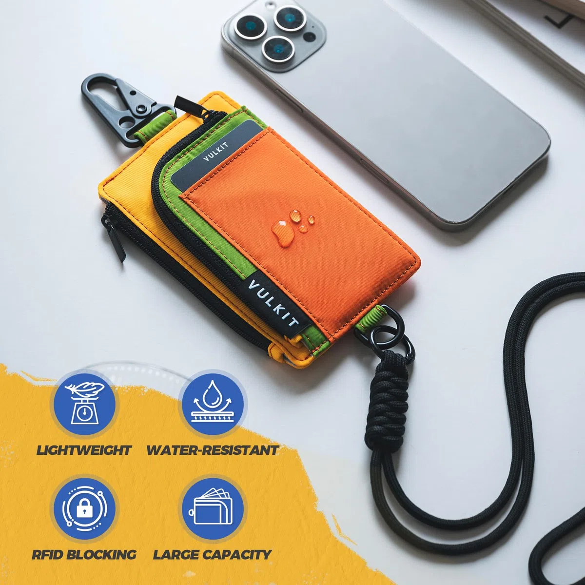 VULKIT Portafoglio portachiavi resistente all'acqua con cordino per uomini e donne, portafoglio con cerniera per esterni, con finestra trasparente per documenti, per escursionismo, pesca, skateboard e