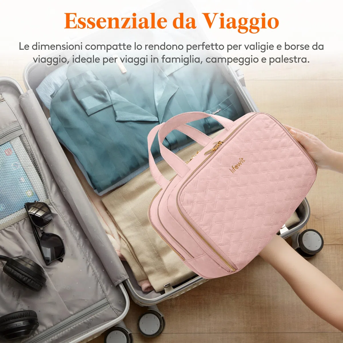 Lifewit Beauty Case da Viaggio da Donna, Beauty da Viaggio, Beauty Case Donna Uomo, Borsa da Toilette, Morbido Pochette Grande con Manico, Porta Trucchi, Regalo per Donna, L, Rosa