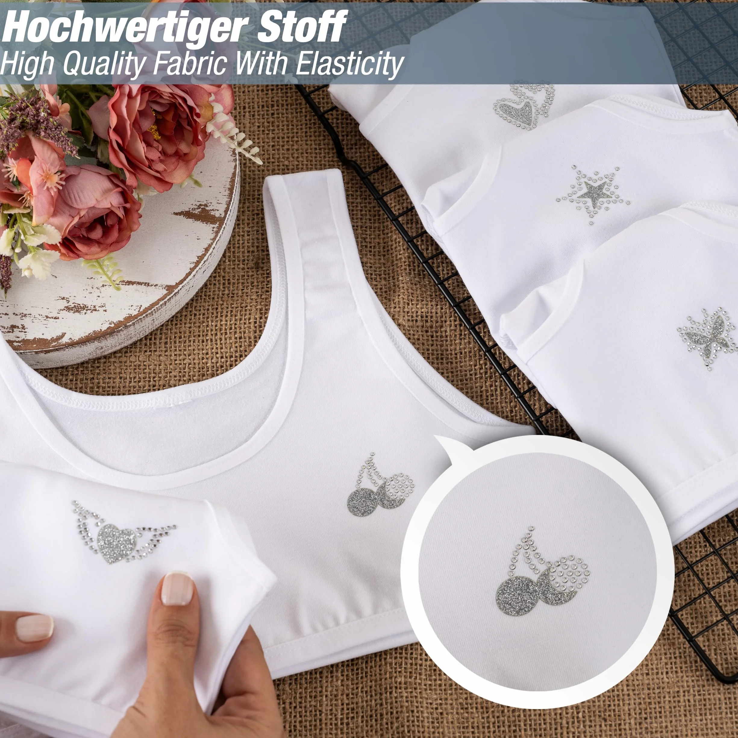 LOREZA ® 5 Reggiseno per Bambina da Allenamento Pietre di Strass Sportivi in Cotone Reggiseni - 10-15 Anni