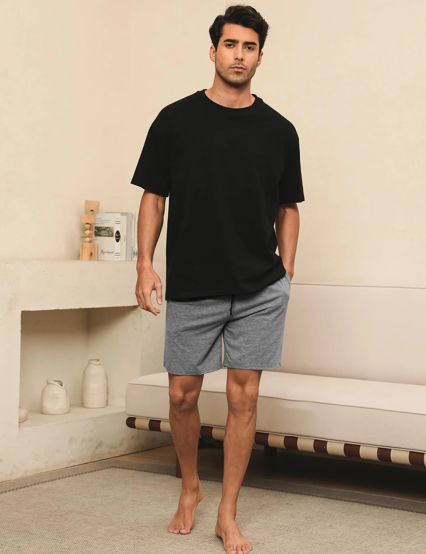 Nieery Pantaloncini Pigiama Uomo Cotone Pantaloncini Casual Corto Estivo Uomo con Tasche e Cintura in Vita，Due pacchi
