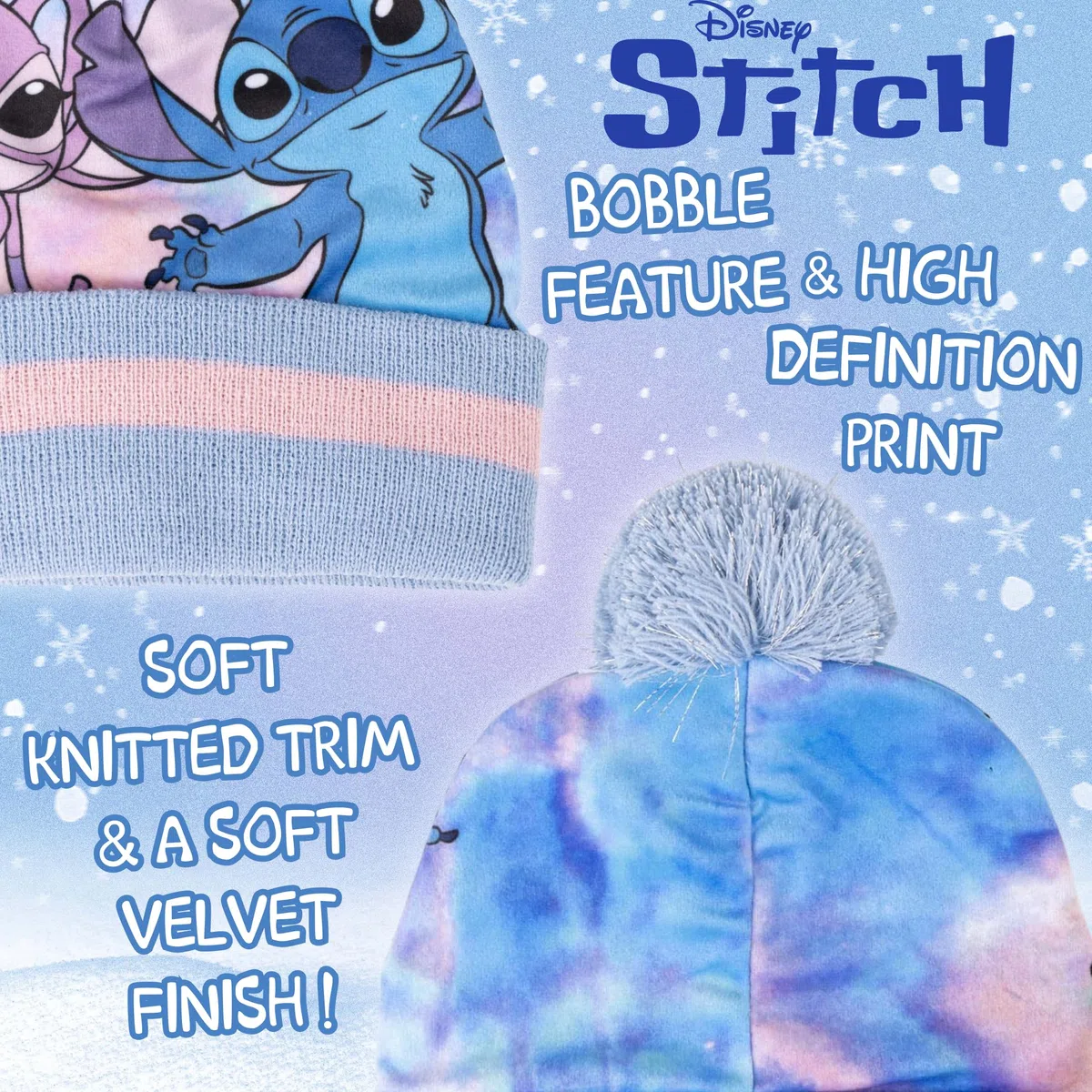 Disney Stitch & Angel Bobble Hat + Snood Sciarpa + Guanti Set Ragazze 3 Pezzi Inverno Set Regalo