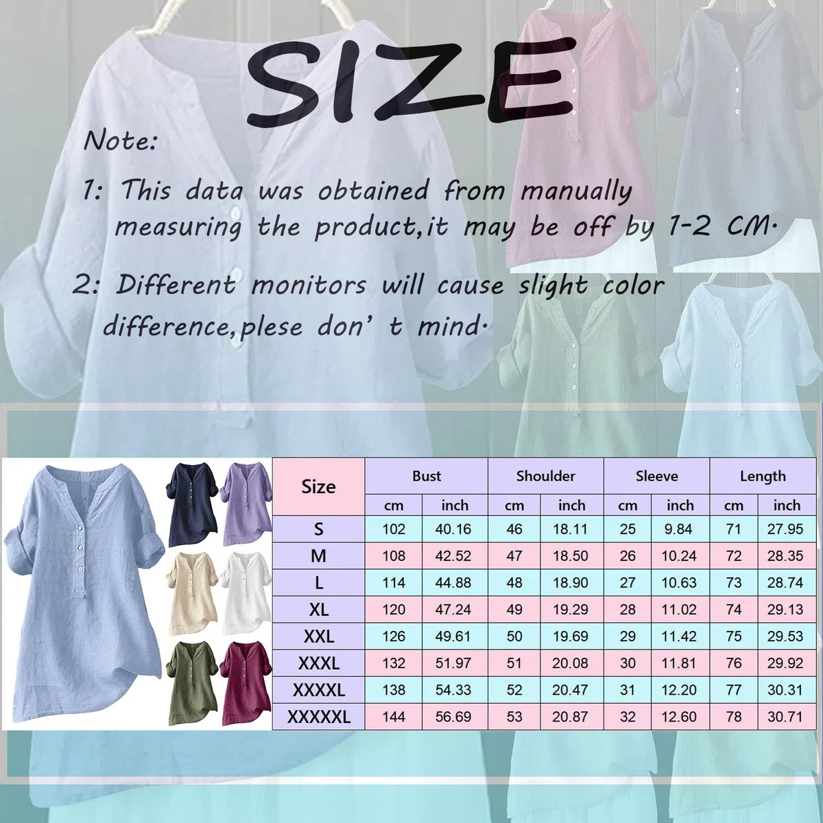 Camicie estive da donna in cotone e lino con colletto alla coreana, maniche a 3/4, garza increspata, top primaverili a tinta unita, con bottoni, maniche medie, vestiti da indossare con leggings Boho