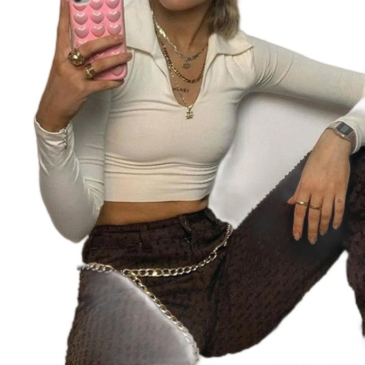 Maglietta da donna con risvolto all'ombelico a vista semplice sexy a maniche lunghe tinta unita slim fit t-shirt Streetwear primavera autunno crop top bianco, L