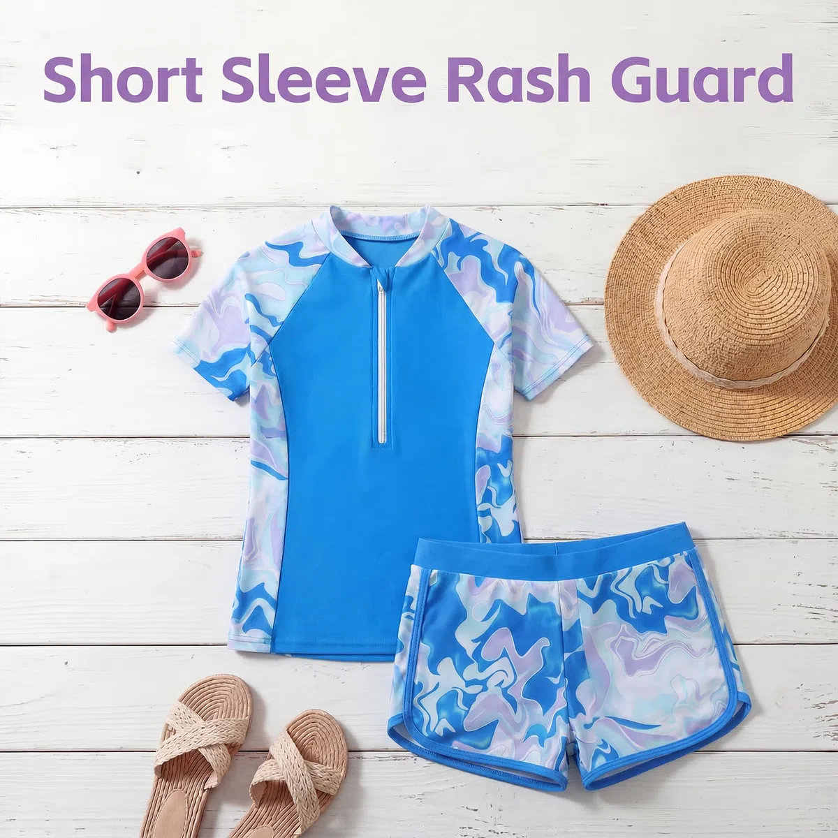 Costume da Bagno Ragazze 2 Pezzi a Manica Corta con Zip e Pantaloncini Morbidi, Stampa Floreale Rash Guard Protezione Solare Costume Piscina Spiaggia Nuoto per Bambini 5-14 Anni
