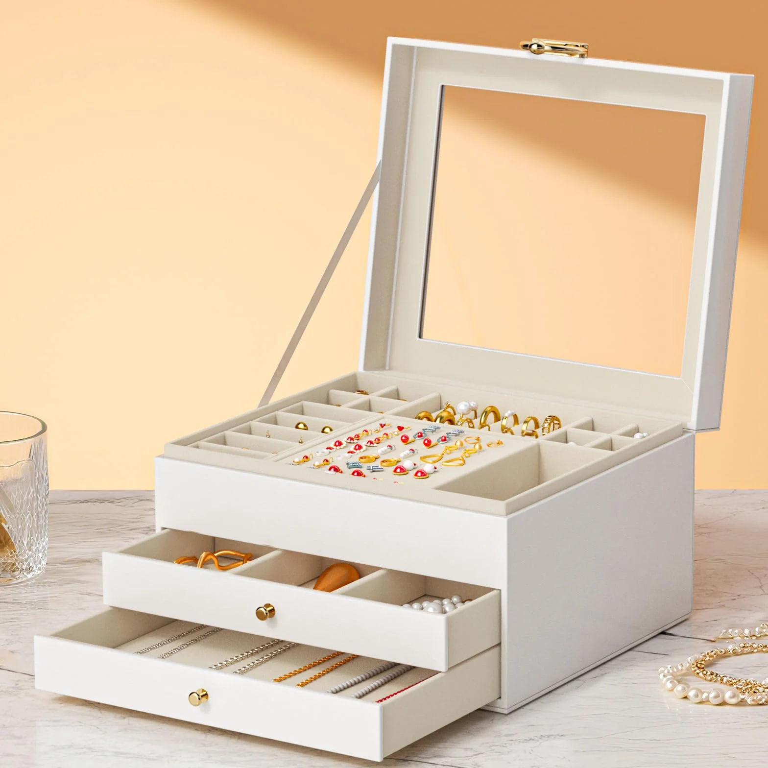 Grande Scatola Portagioie Donna 3 Livelli – Organizer Gioielli Elegante con 24 Scomparti – Custodia per Anelli, Collane e Bracciali con Coperchio Trasparente – Regalo Perfetto per Donna (Bianco)